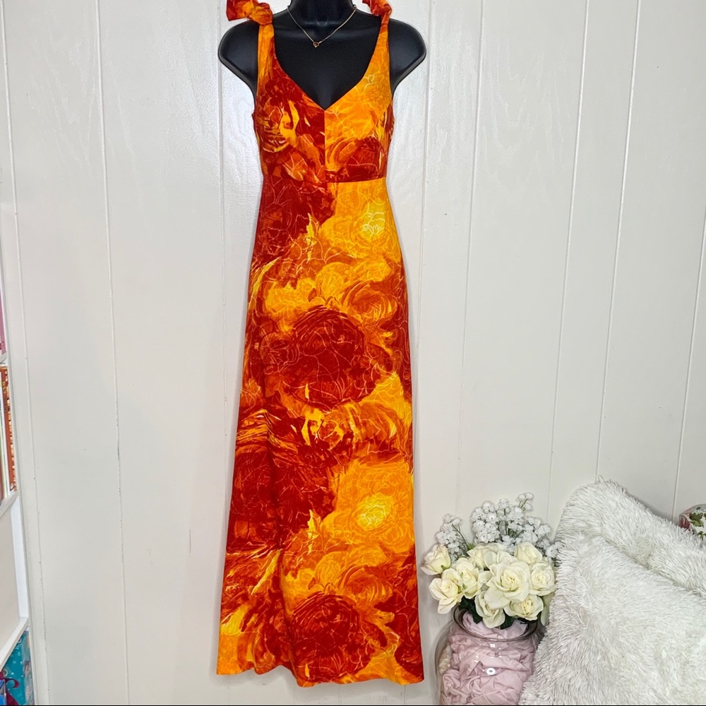 Red & Yellow Hawaii Sunset Shoulder Tie Maxi Dress